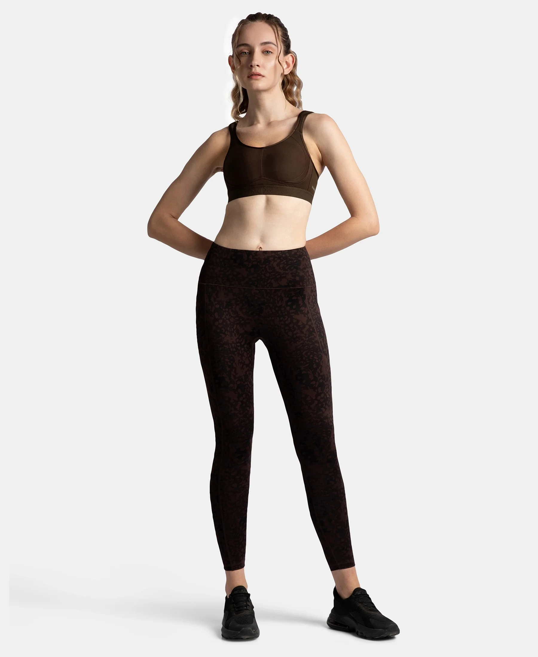 Wirefree Non Padded Plus Size Microfiber Elastane Stretch Full Coverage Sports Bra with StayDry Treatment - Coffee - Image 4