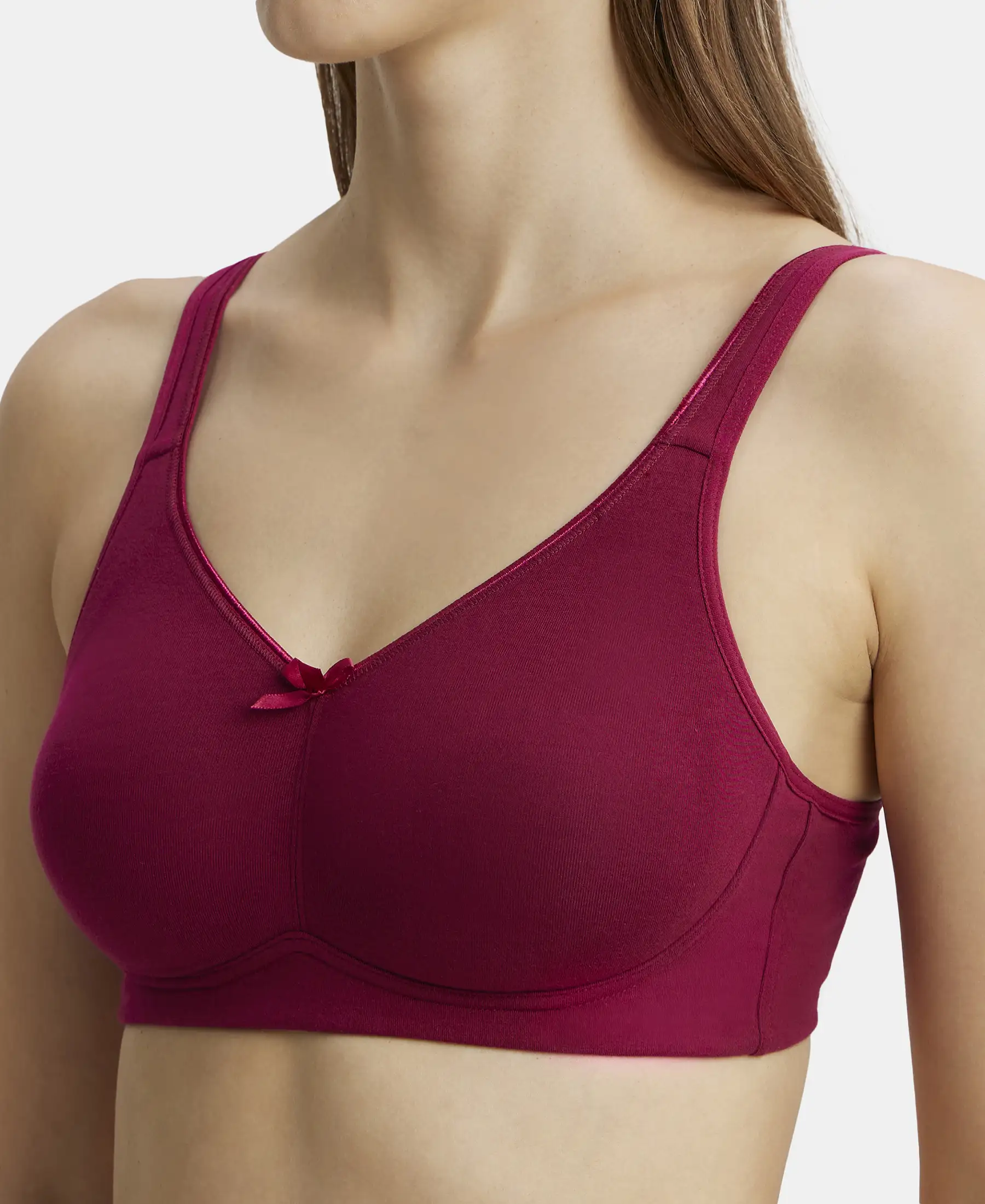 Wirefree Non Padded Super Combed Cotton Elastane Stretch Full Coverage Everyday Bra with Concealed Shaper Panel - Beet Red - Image 7