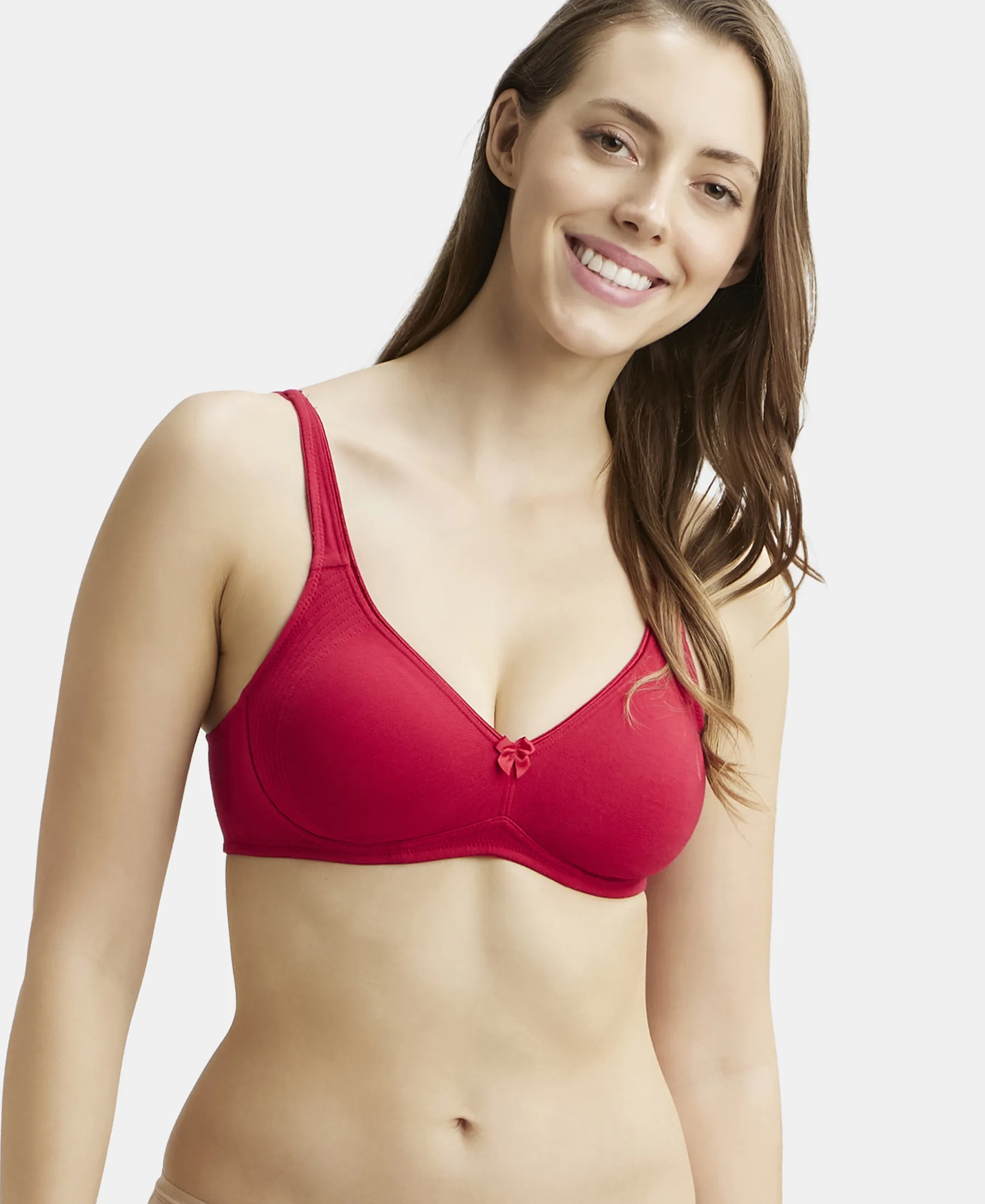 Wirefree Non Padded Super Combed Cotton Elastane Stretch Full Coverage Everyday Bra with Contoured Shaper Panel and Adjustable Straps - Red Love - Image 5
