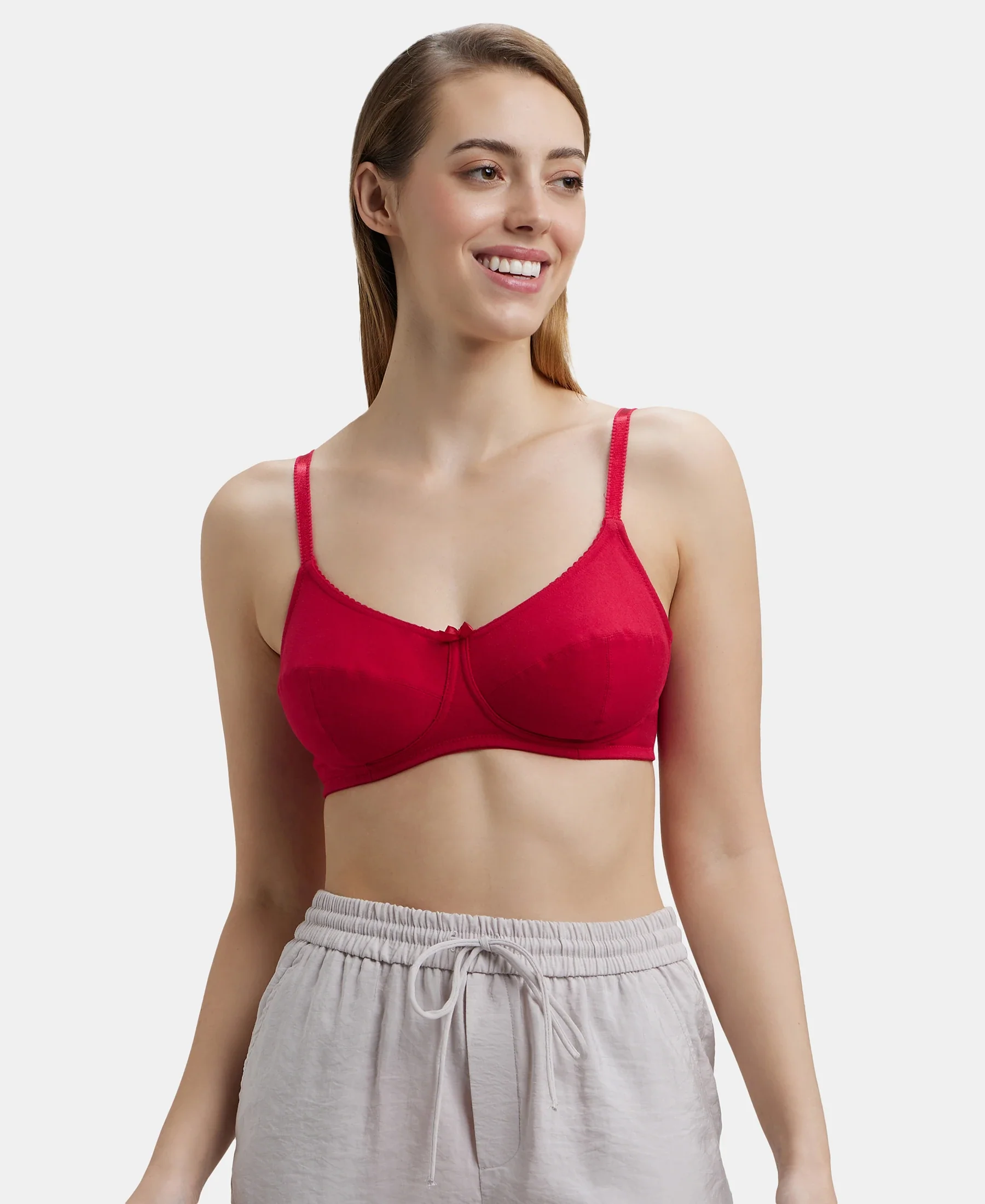Wirefree Non Padded Super Combed Cotton Elastane Stretch Full Coverage Everyday Bra with Soft Adjustable Straps - Red Love - Image 5