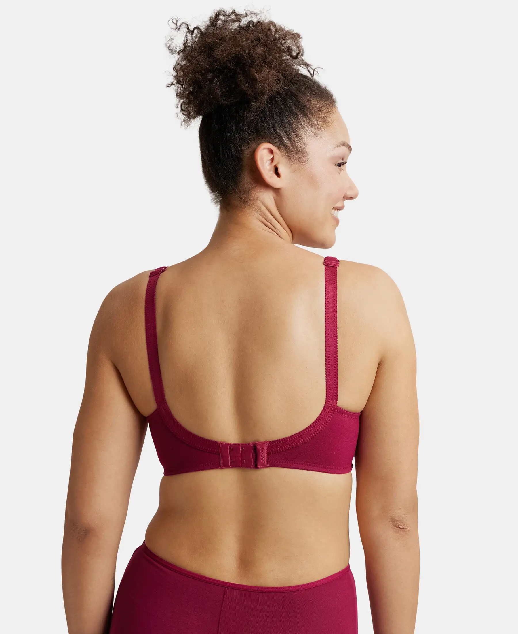 Wirefree Non Padded Super Combed Cotton Elastane Stretch Full Coverage Plus Size Bra with Side Panel Support - Beet Red - Image 3