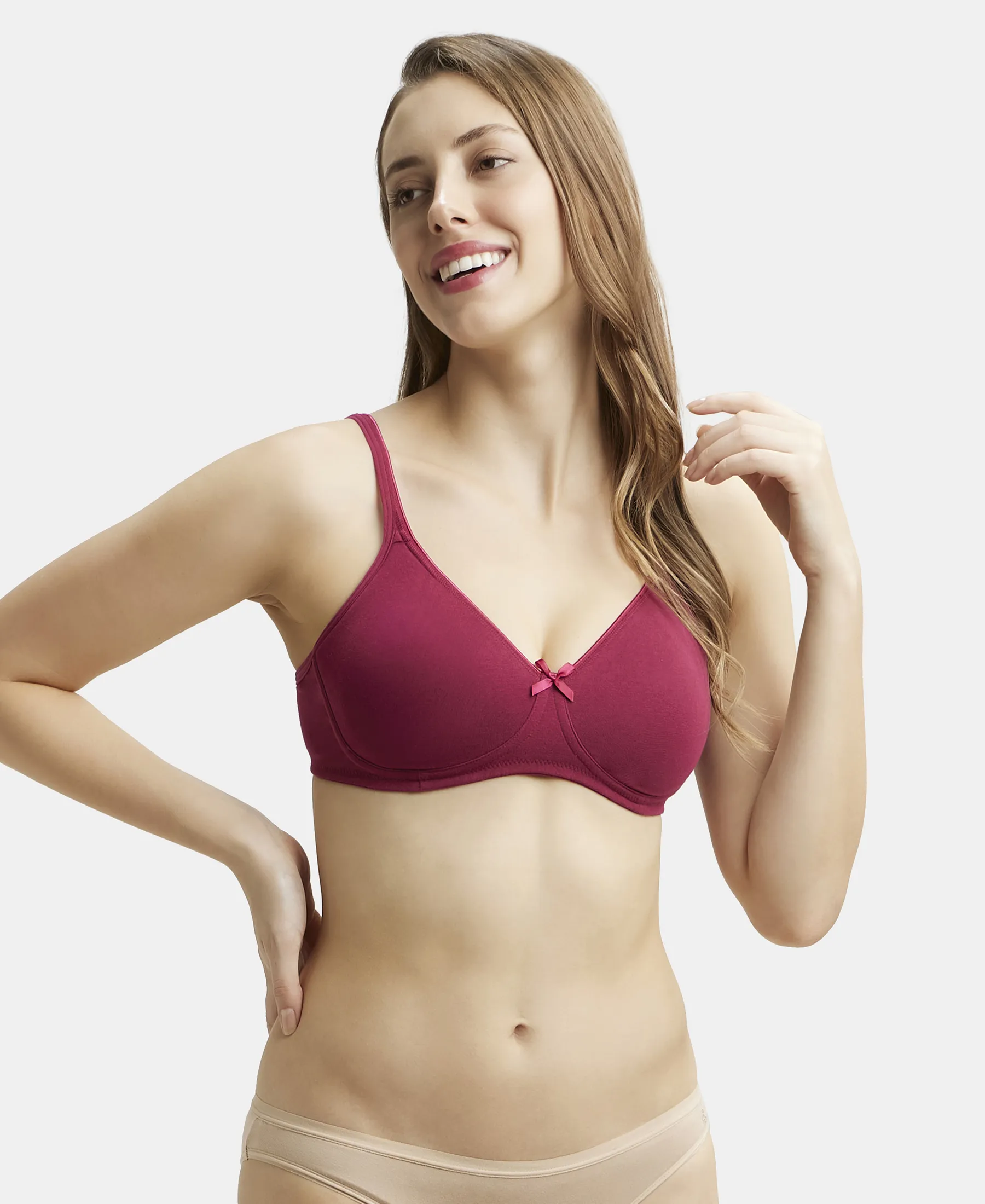 Wirefree Non Padded Super Combed Cotton Elastane Stretch Medium Coverage Everyday Bra with Concealed Shaper Panel - Beet Red - Image 5