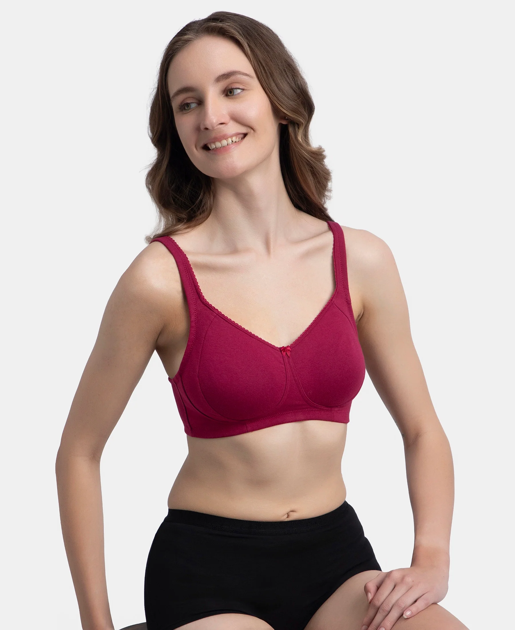 Wirefree Non Padded Super Combed Cotton Elastane Stretch Full Coverage Plus Size Bra Plush Lining Cup - Beet Red - Image 5
