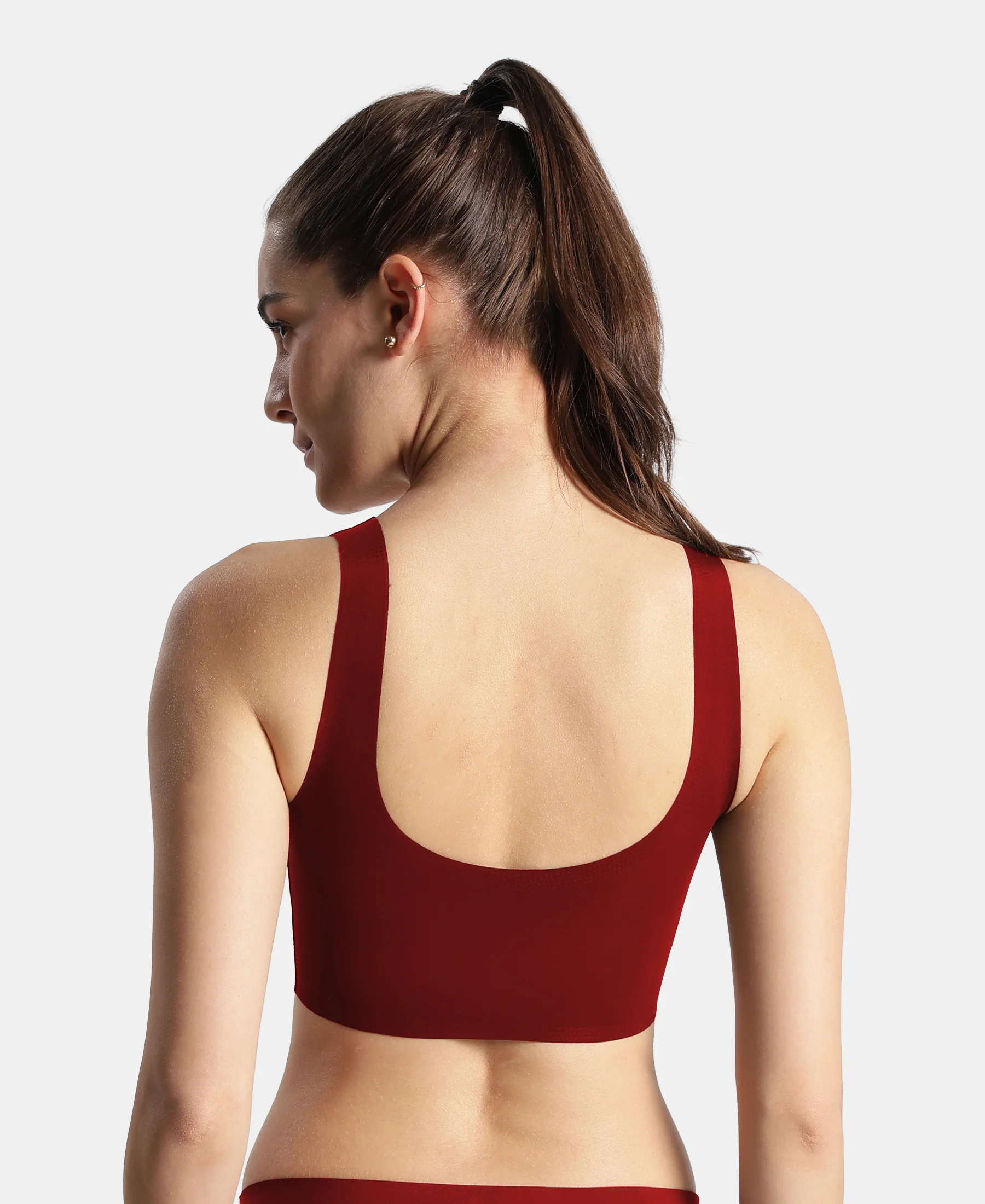 Wirefree Padded Microfiber Elastane Full Coverage Bonded Tech Lounge Bra - Pomegranate - Image 3