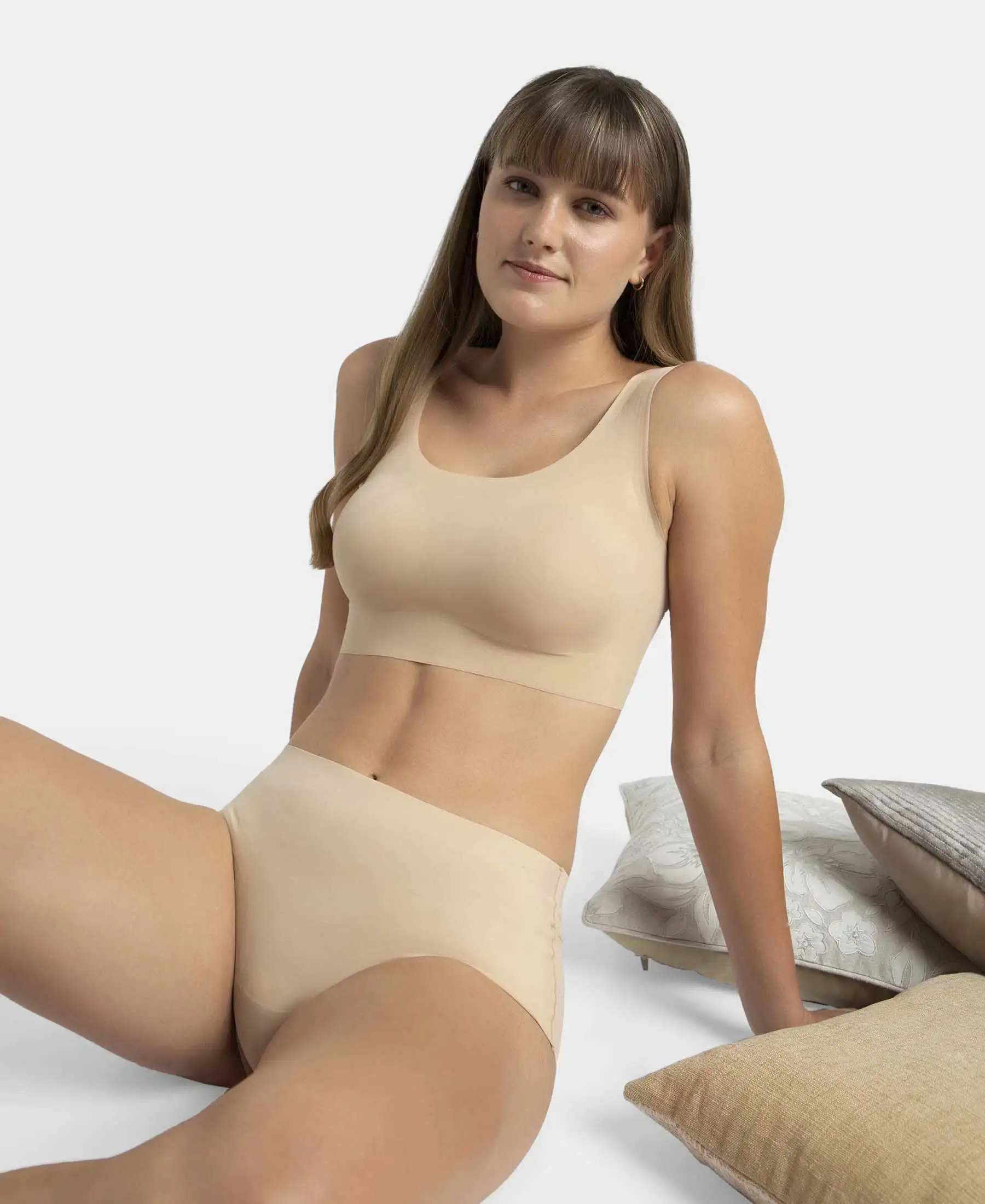 Wirefree Padded Soft touch Microfiber Elastane Bonded Tech Full Coverage Lounge Bra with 360 Degree Stretch - Skin - Image 5