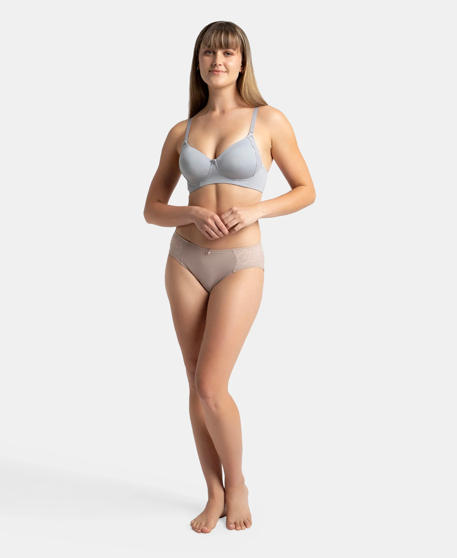 Wirefree Padded Soft Touch Microfiber Elastane Stretch Full Coverage T-Shirt Bra with Lace Styling - Lilac Grey - Image 4