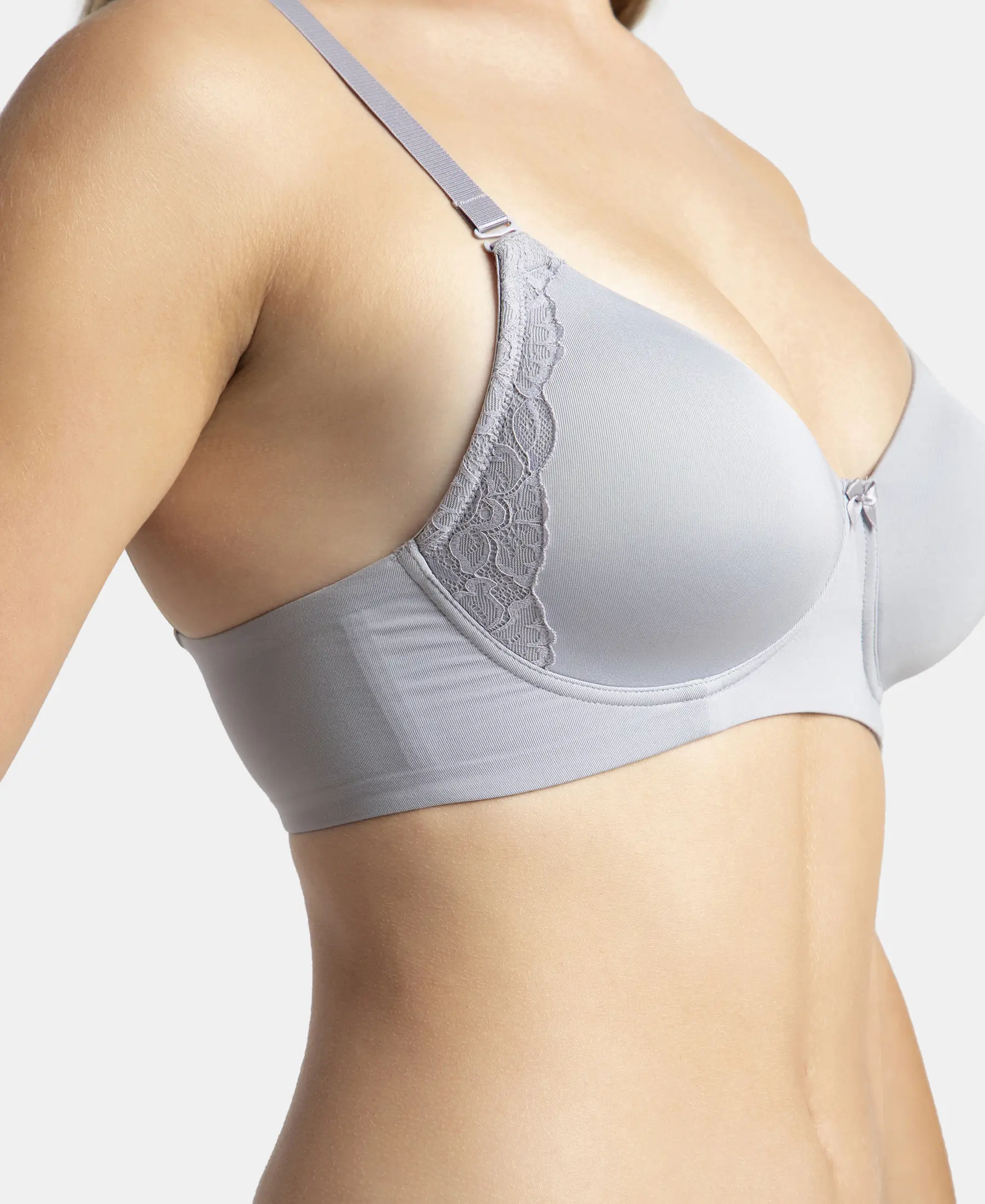 Wirefree Padded Soft Touch Microfiber Elastane Stretch Full Coverage T-Shirt Bra with Lace Styling - Lilac Grey - Image 7