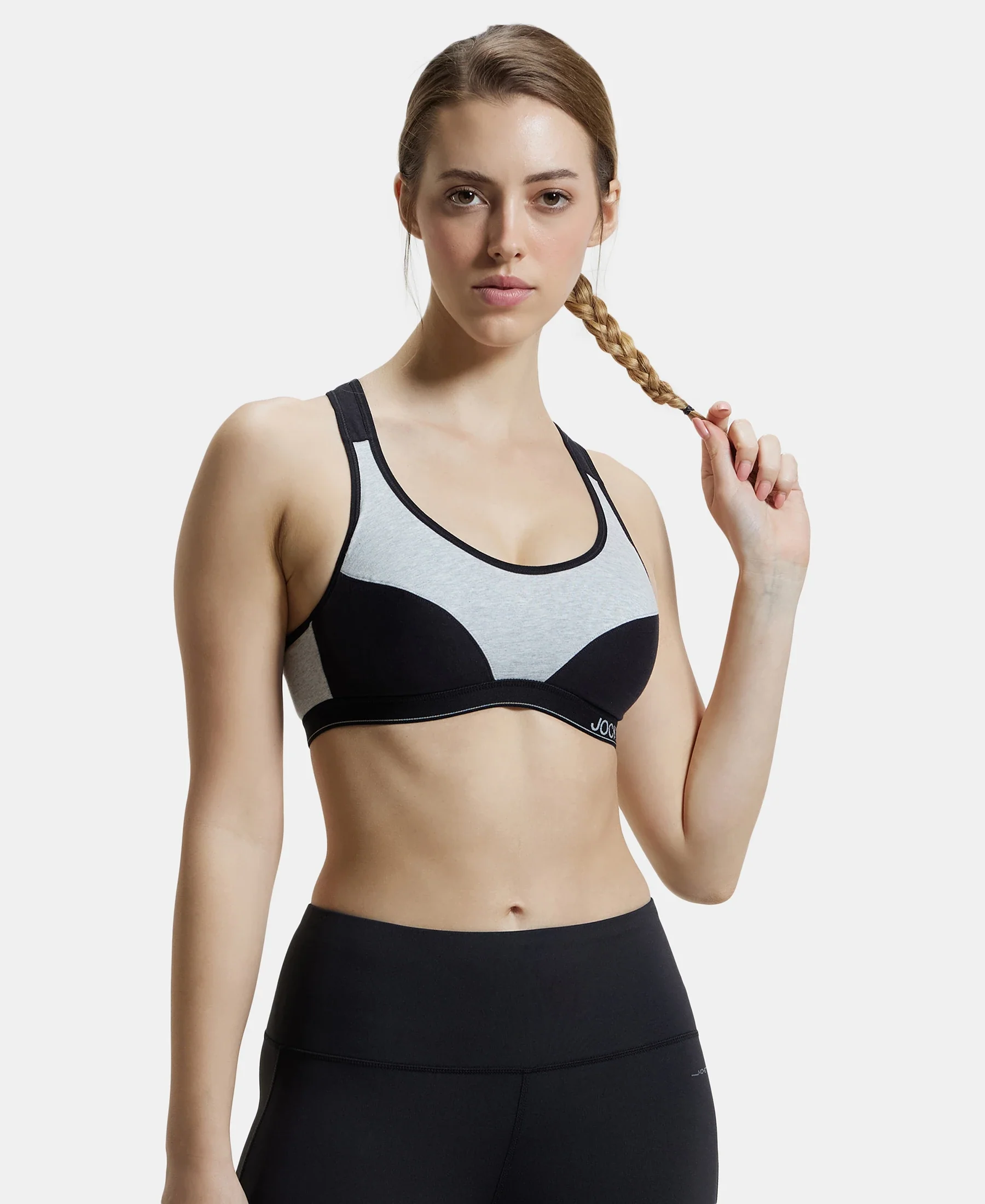 Wirefree Padded Super Combed Cotton Elastane Stretch Full Coverage Racerback Active Bra with StayFresh and Moisture Move Treatment - Steel Grey & Black - Image 5