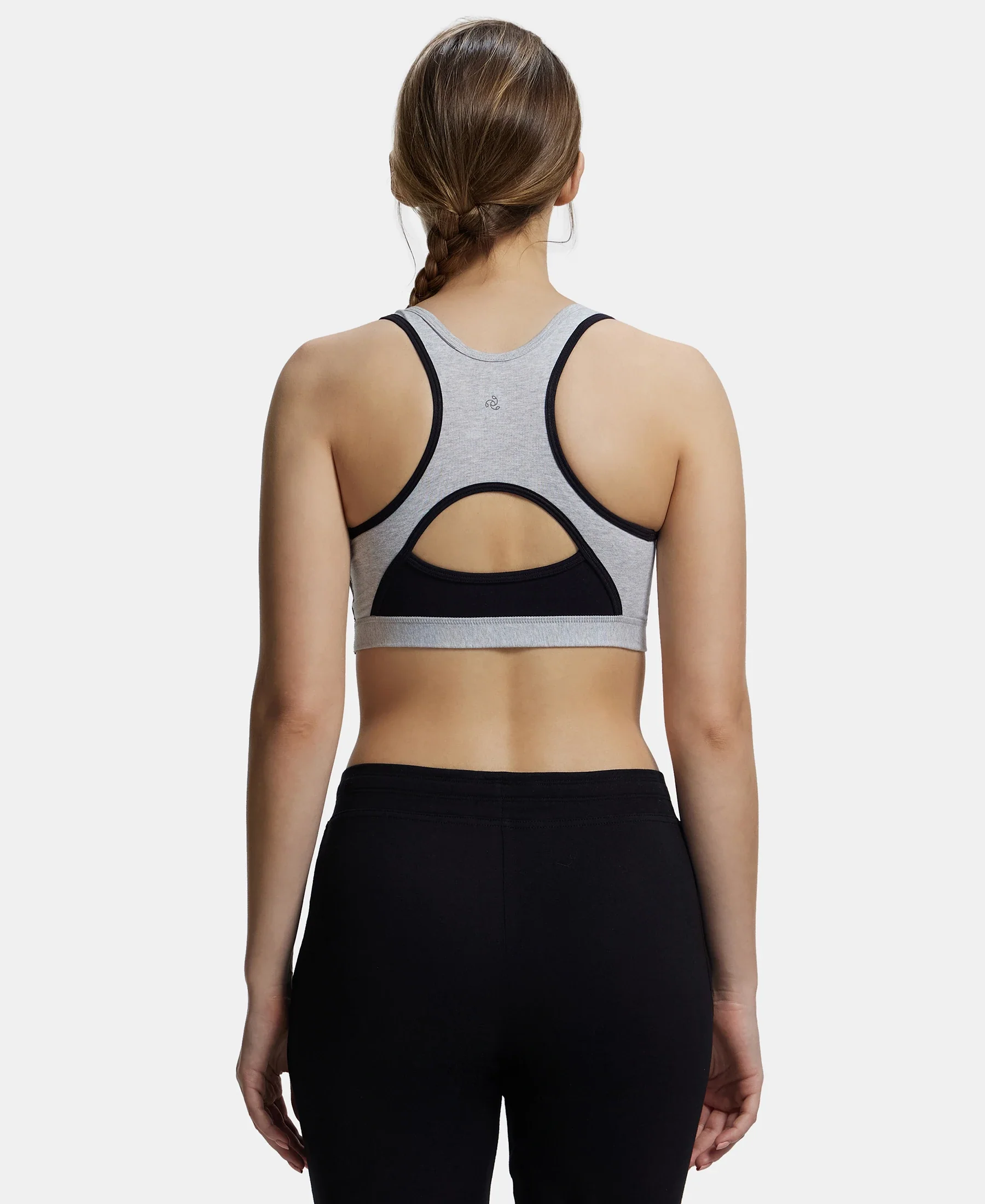 Wirefree Padded Super Combed Cotton Elastane Stretch Full Coverage Racerback Styling Active Bra with StayFresh and Moisture Move Treatment - Steel Grey & Black - Image 3