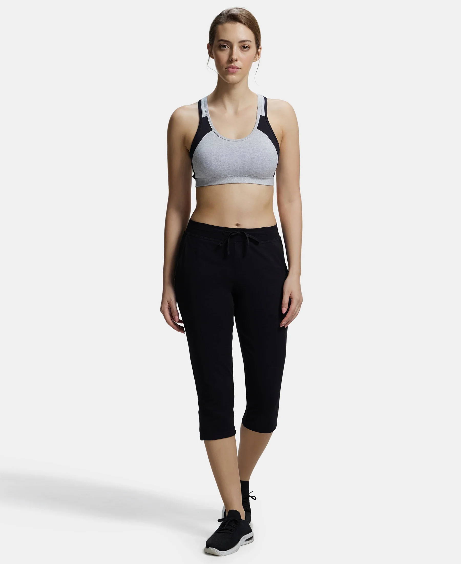 Wirefree Padded Super Combed Cotton Elastane Stretch Full Coverage Racerback Styling Active Bra with StayFresh and Moisture Move Treatment - Steel Grey & Black - Image 4