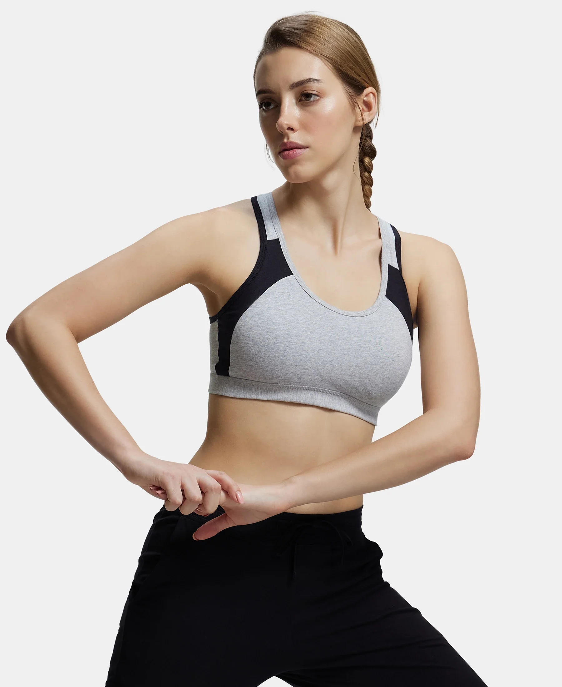 Wirefree Padded Super Combed Cotton Elastane Stretch Full Coverage Racerback Styling Active Bra with StayFresh and Moisture Move Treatment - Steel Grey & Black - Image 5