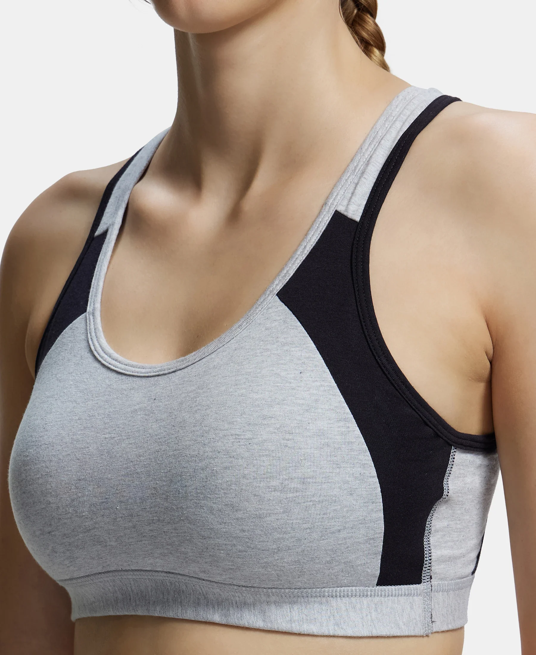 Wirefree Padded Super Combed Cotton Elastane Stretch Full Coverage Racerback Styling Active Bra with StayFresh and Moisture Move Treatment - Steel Grey & Black - Image 7