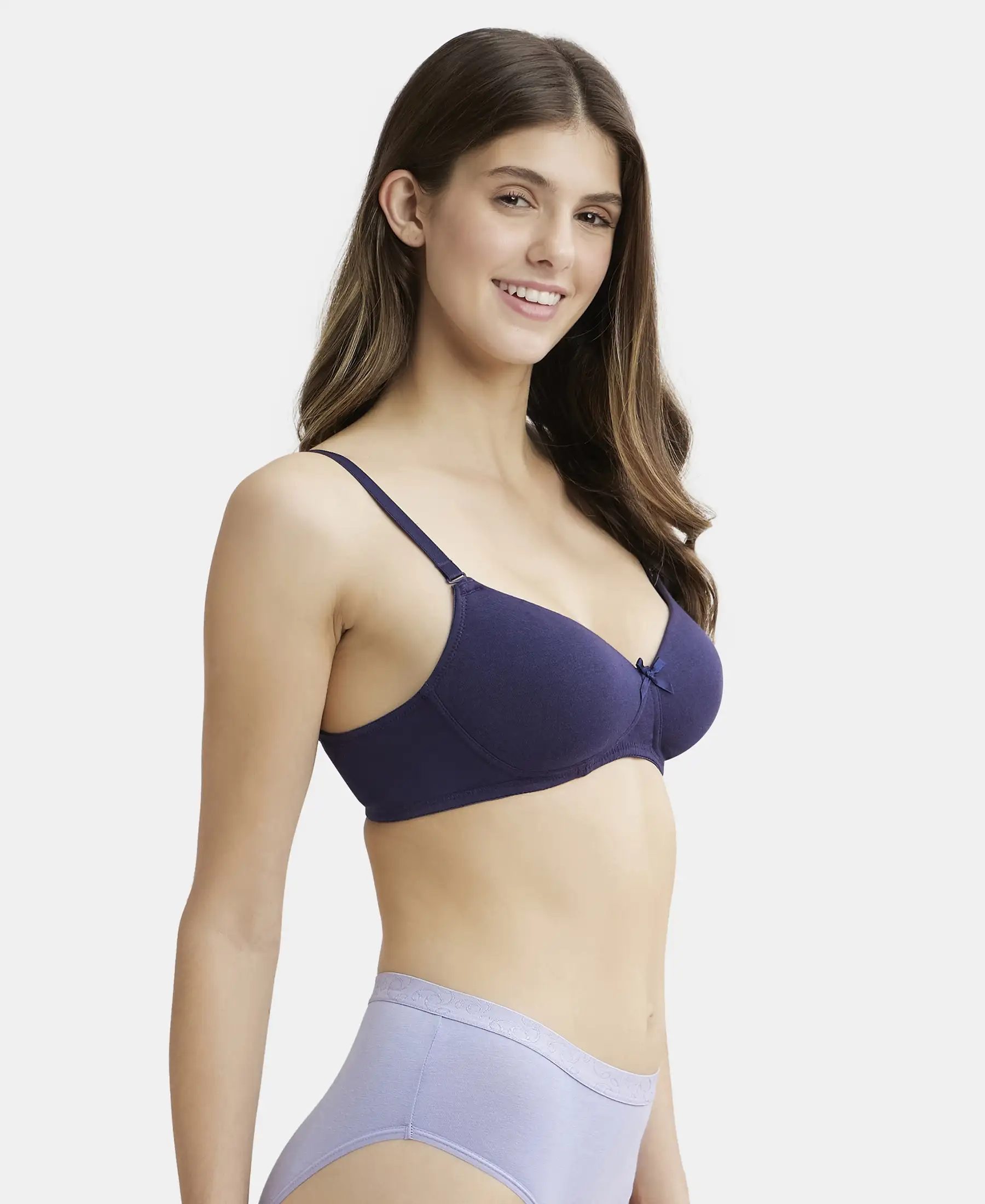 Wirefree Padded Super Combed Cotton Elastane Stretch Medium Coverage T-Shirt Bra with Detachable Straps - Classic Navy - Image 6