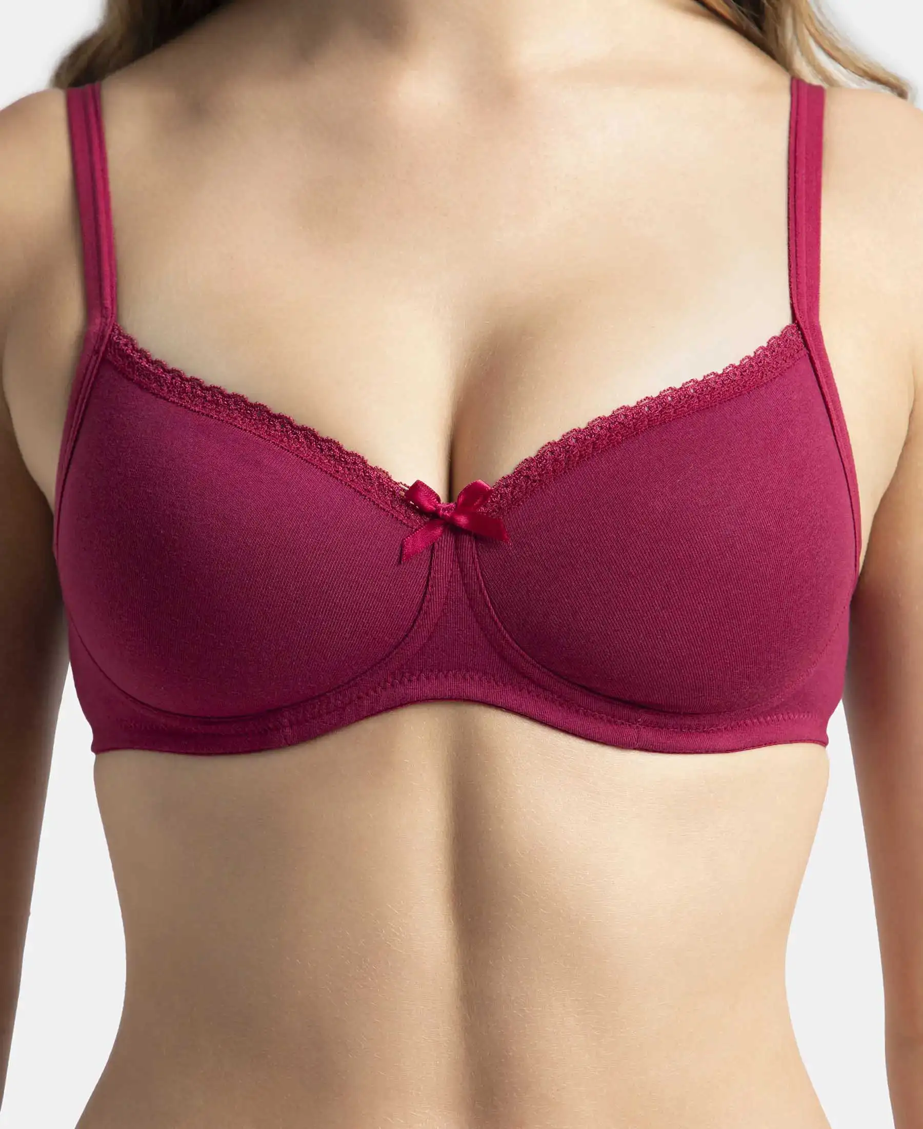 Wirefree Padded Super Combed Cotton Elastane Stretch Medium Coverage T-Shirt Bra with Lace Styling - Beet Red - Image 10