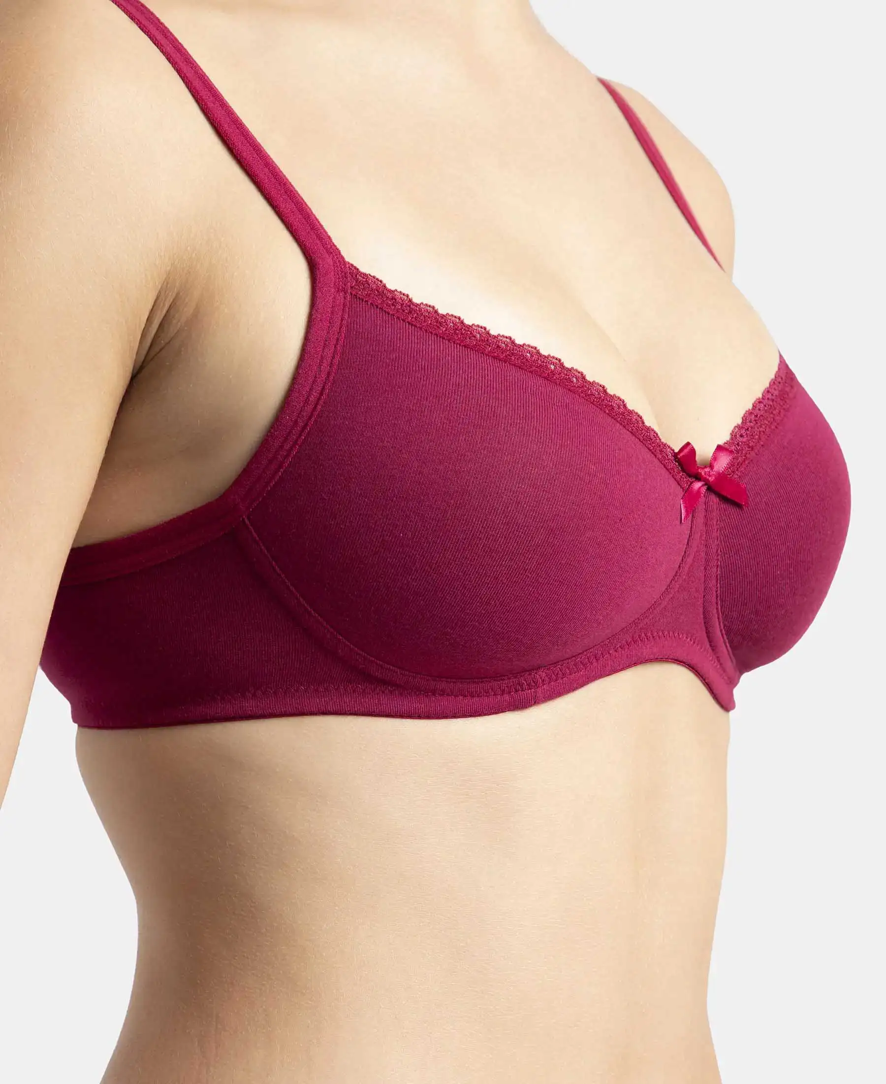 Wirefree Padded Super Combed Cotton Elastane Stretch Medium Coverage T-Shirt Bra with Lace Styling - Beet Red - Image 11