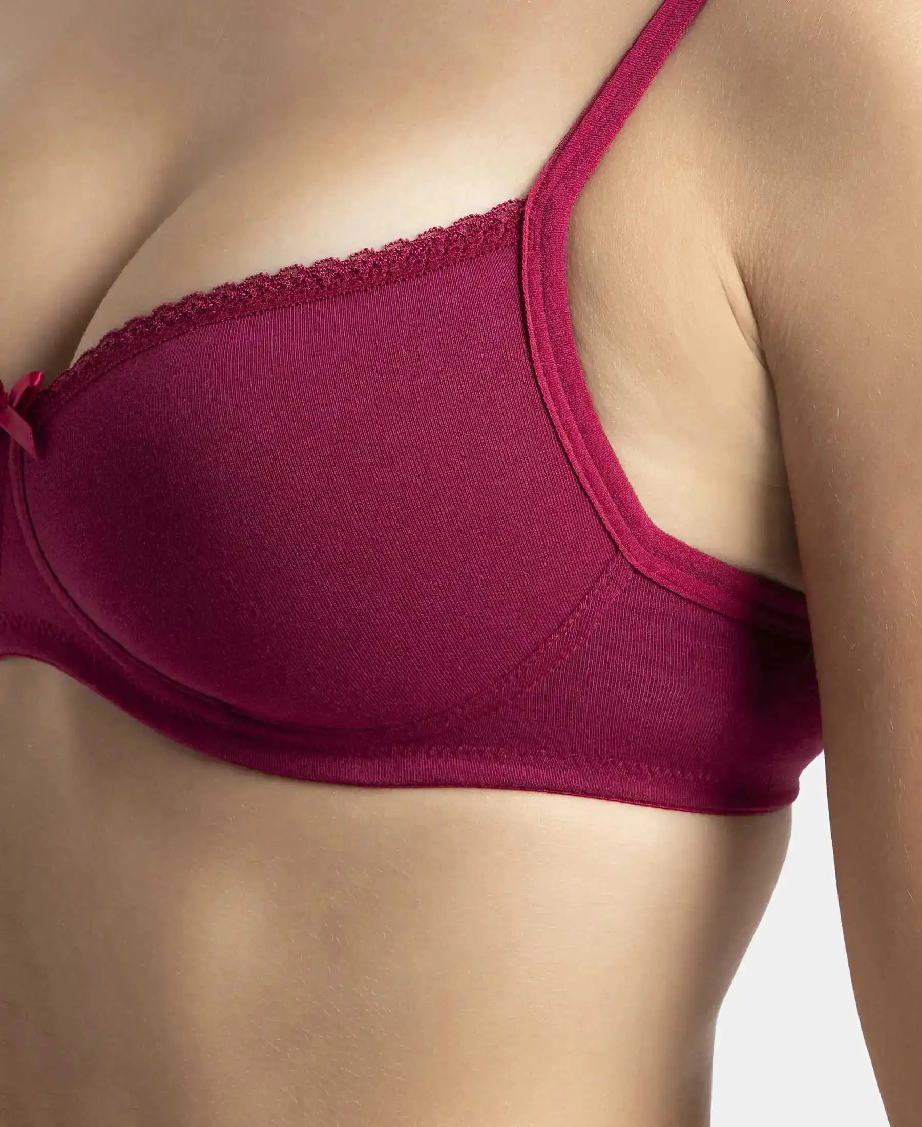 Wirefree Padded Super Combed Cotton Elastane Stretch Medium Coverage T-Shirt Bra with Lace Styling - Beet Red - Image 12