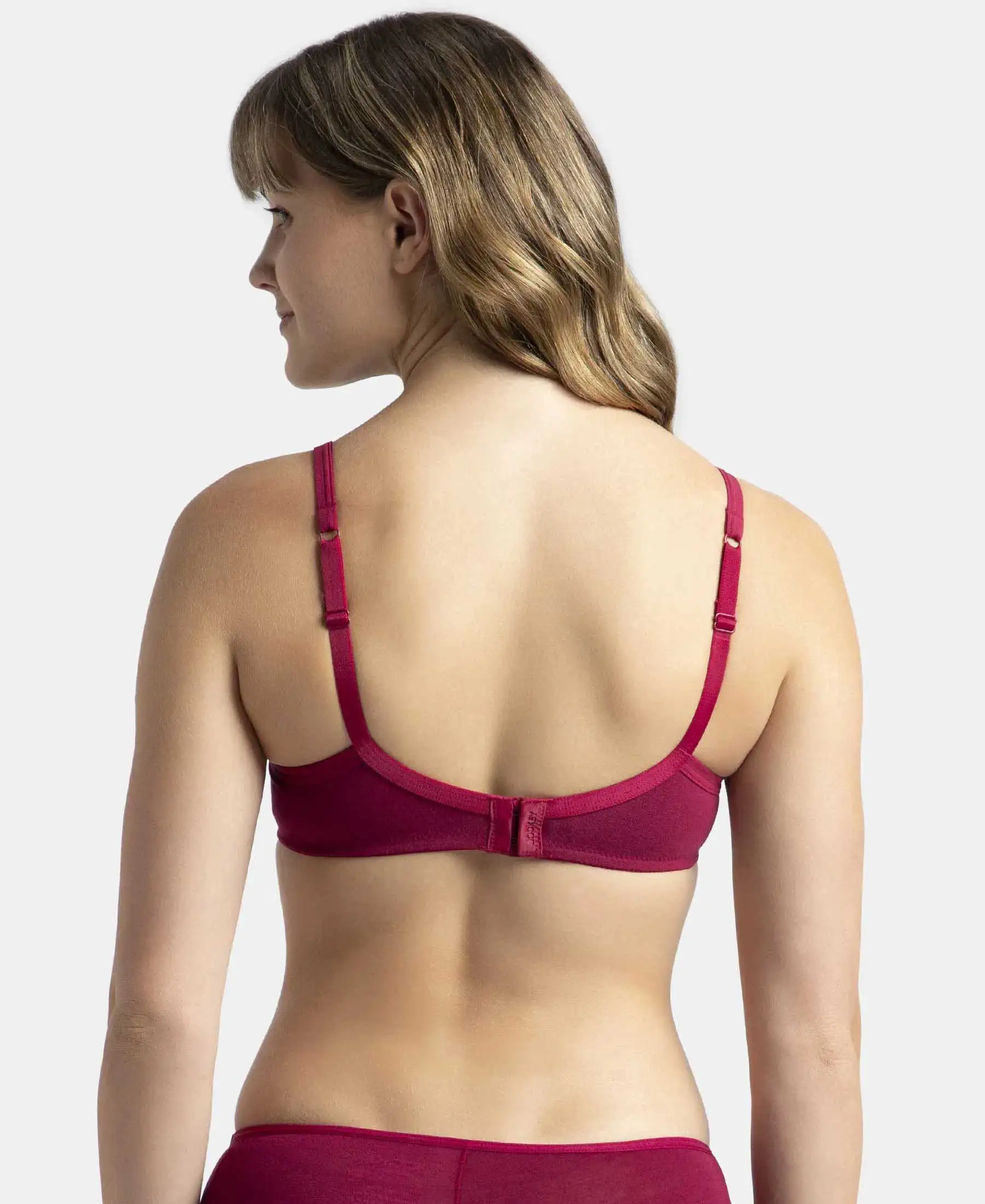 Wirefree Padded Super Combed Cotton Elastane Stretch Medium Coverage T-Shirt Bra with Lace Styling - Beet Red - Image 3