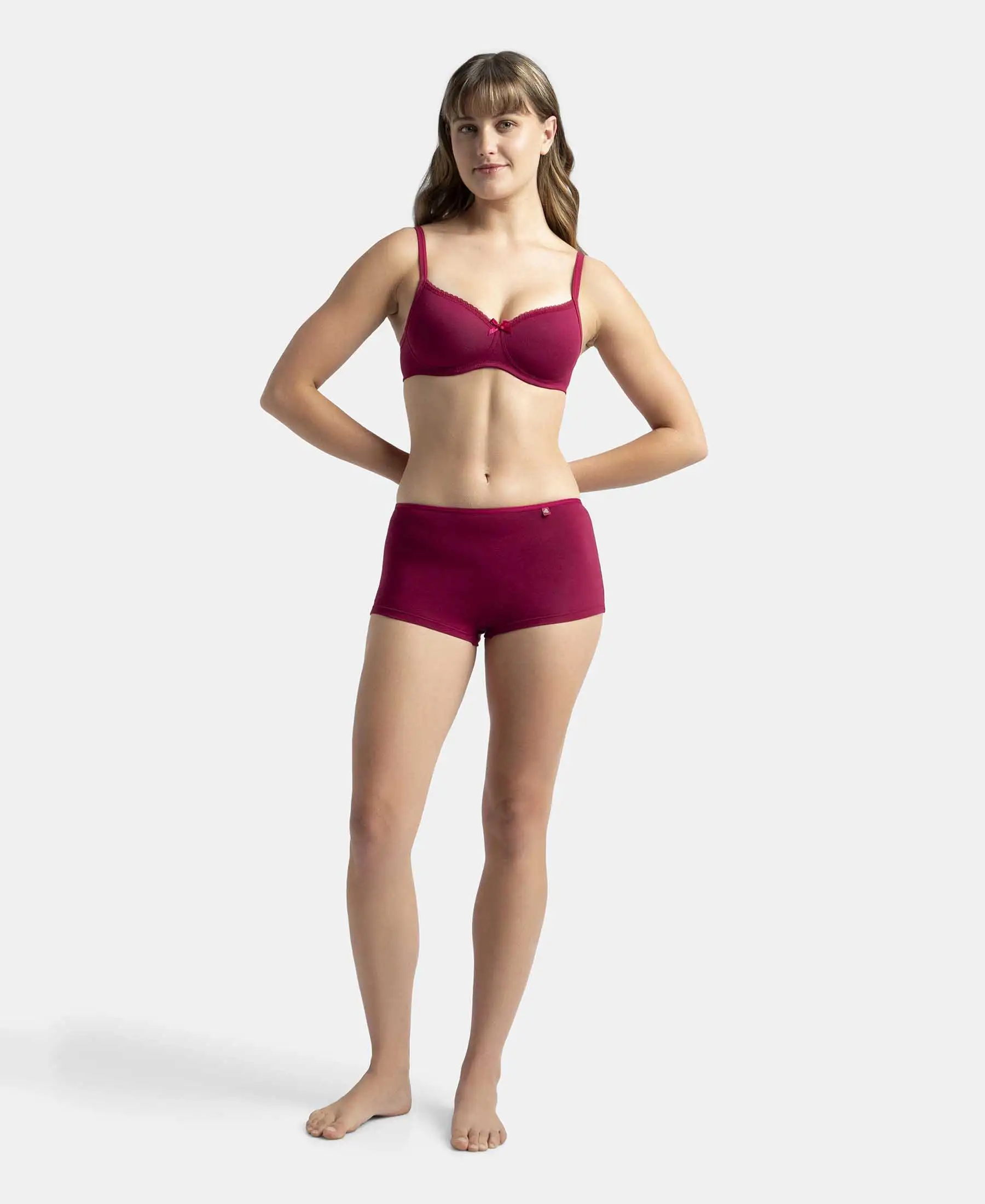 Wirefree Padded Super Combed Cotton Elastane Stretch Medium Coverage T-Shirt Bra with Lace Styling - Beet Red - Image 4