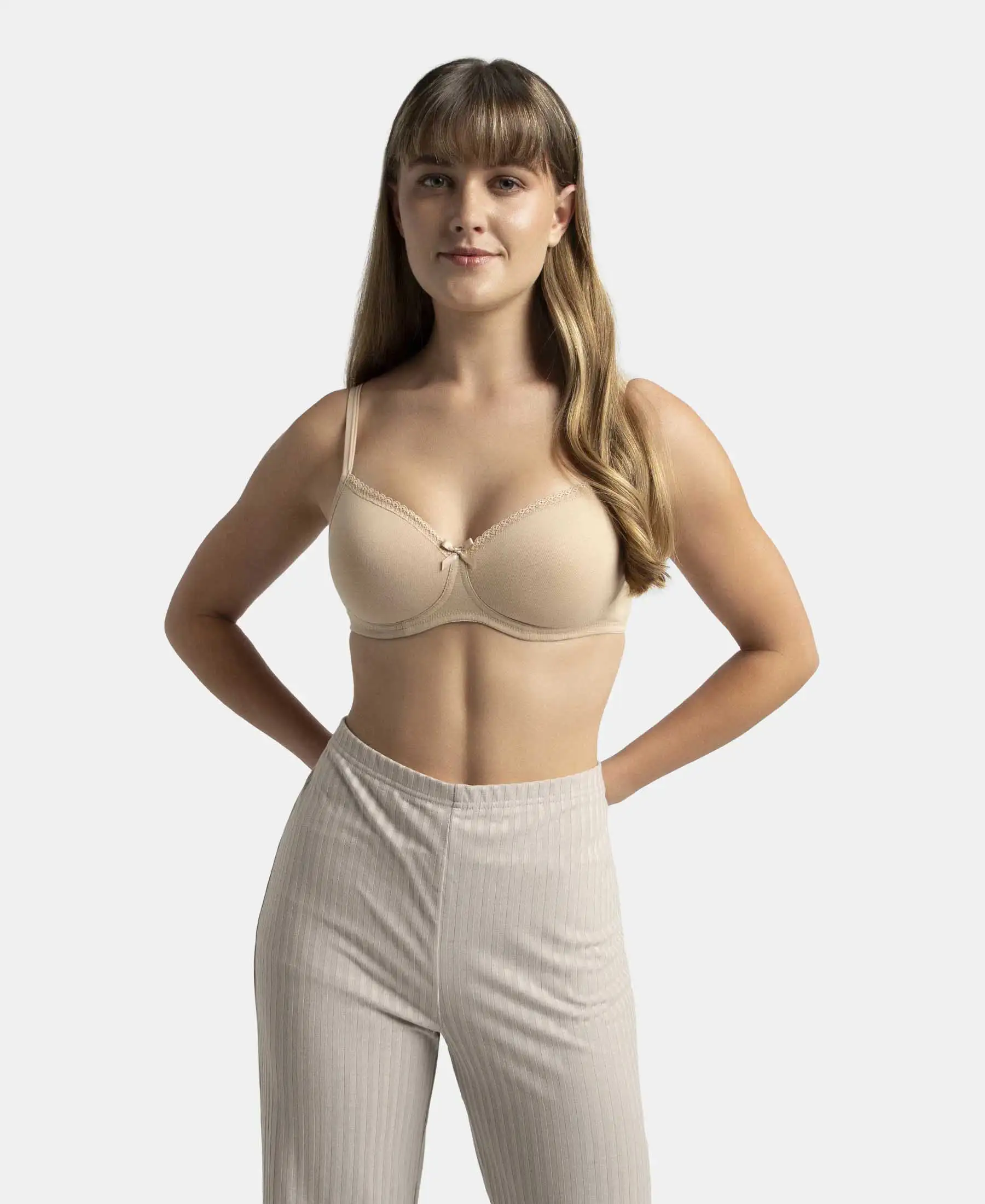 Wirefree Padded Super Combed Cotton Elastane Stretch Medium Coverage T-Shirt Bra with Lace Styling - Light Skin - Image 5