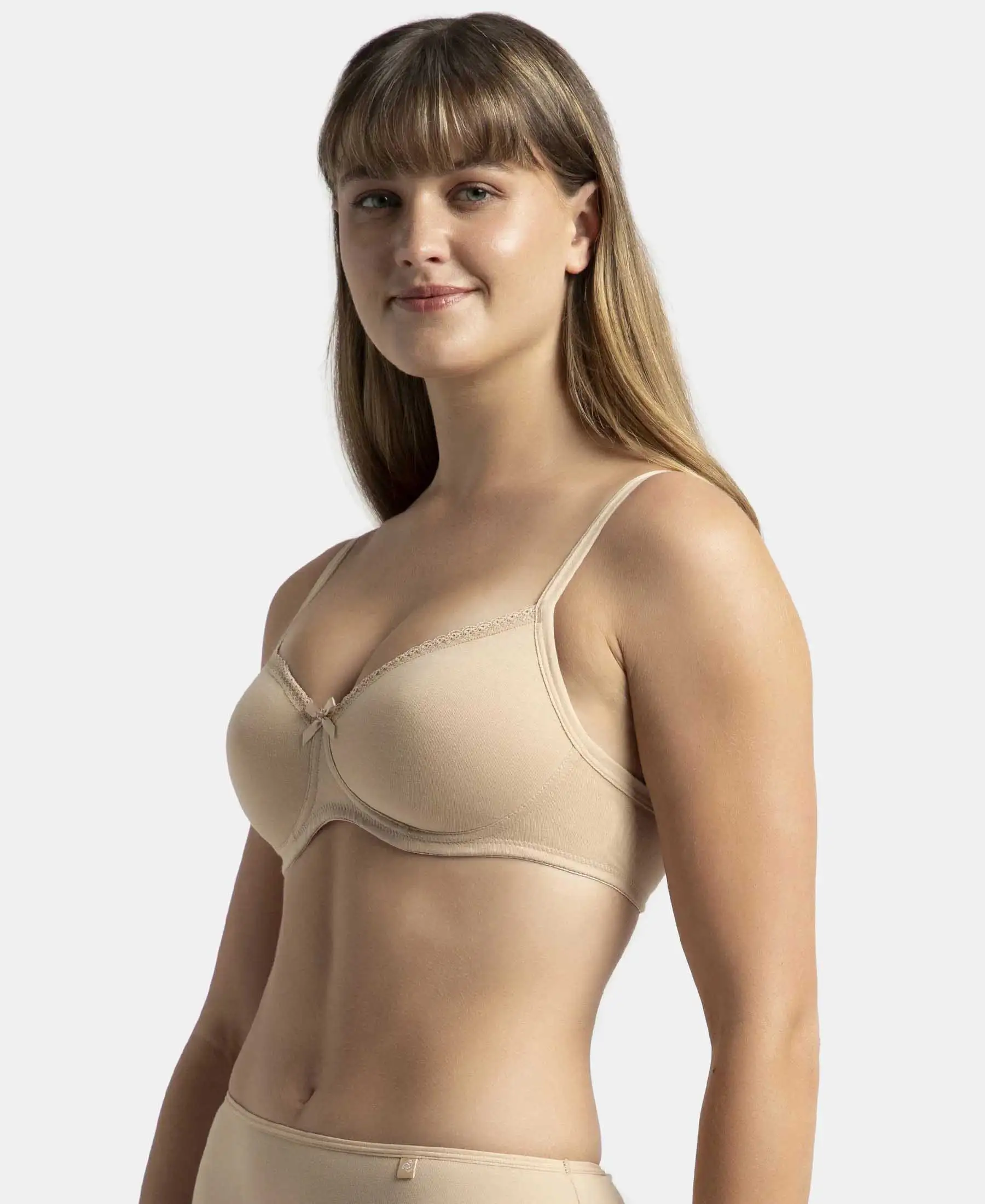 Wirefree Padded Super Combed Cotton Elastane Stretch Medium Coverage T-Shirt Bra with Lace Styling - Light Skin - Image 6