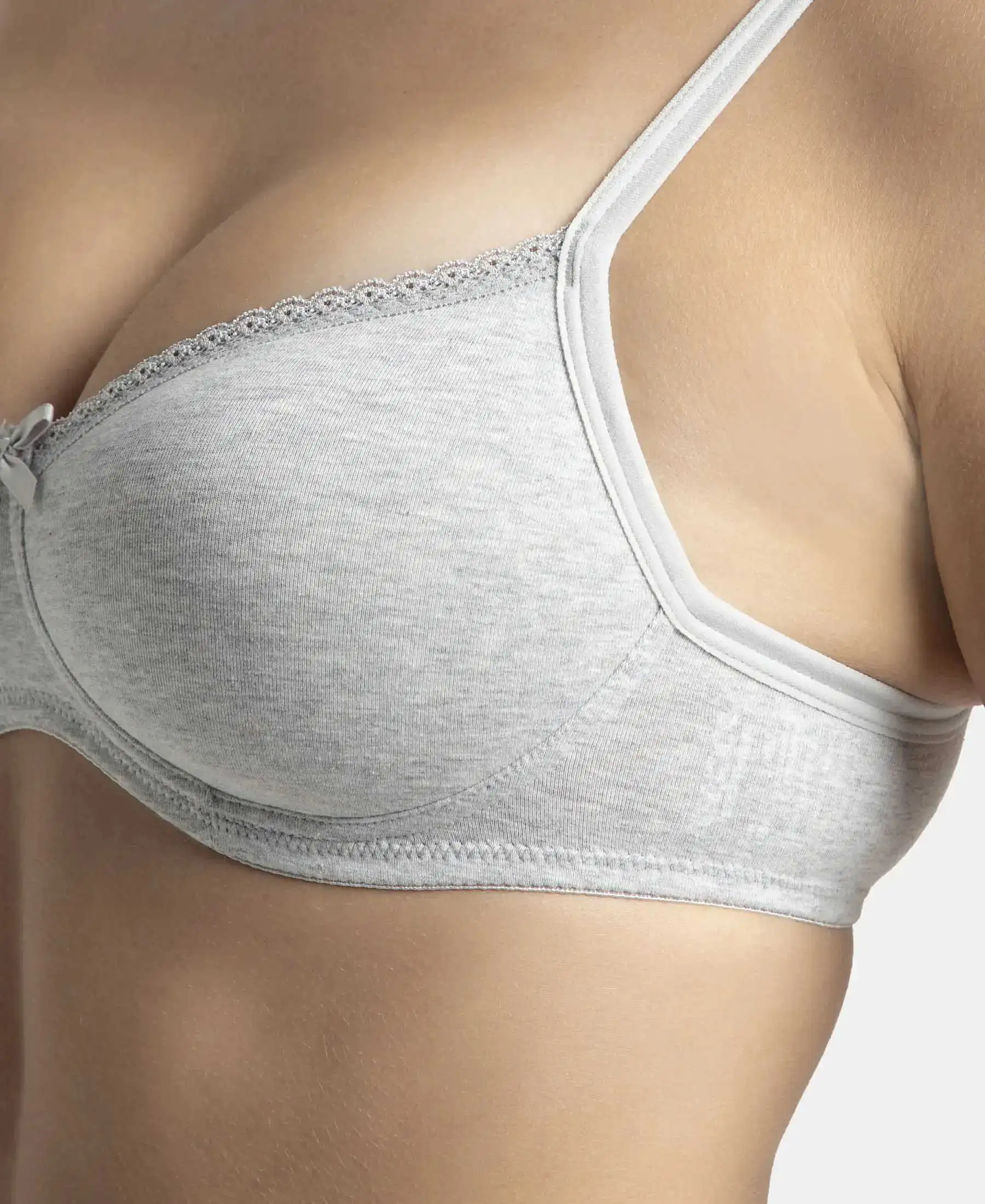 Wirefree Padded Super Combed Cotton Elastane Stretch Medium Coverage T-Shirt Bra with Lace Styling - Steel Grey Melange - Image 10
