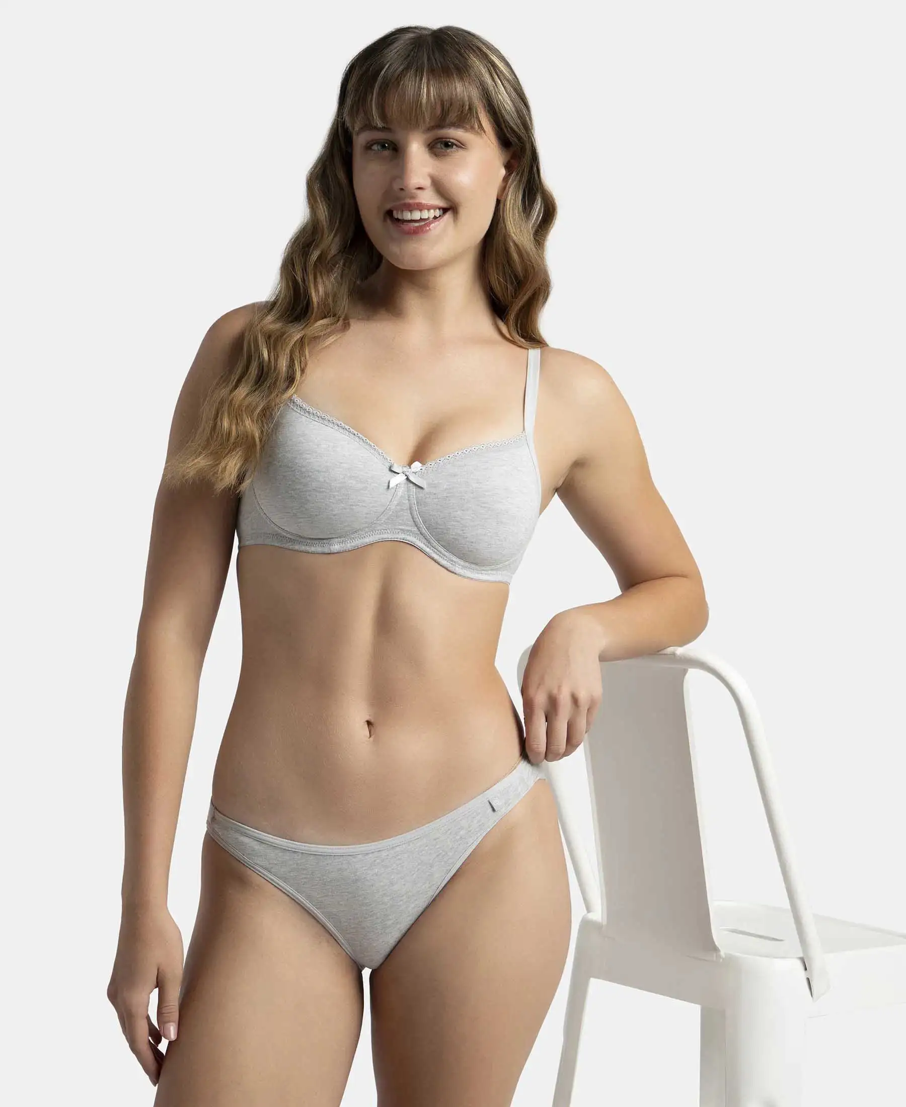 Wirefree Padded Super Combed Cotton Elastane Stretch Medium Coverage T-Shirt Bra with Lace Styling - Steel Grey Melange - Image 5