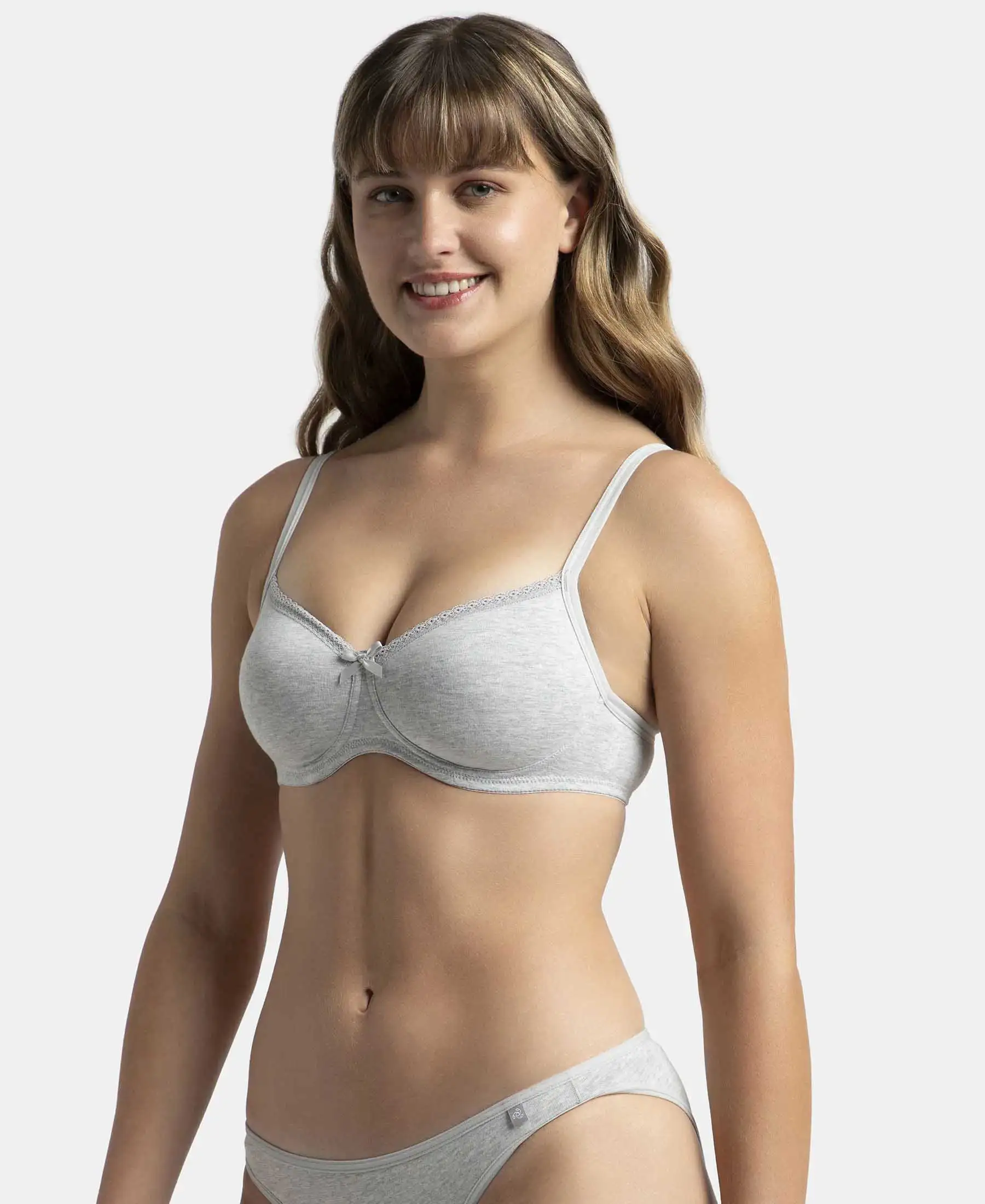 Wirefree Padded Super Combed Cotton Elastane Stretch Medium Coverage T-Shirt Bra with Lace Styling - Steel Grey Melange - Image 6