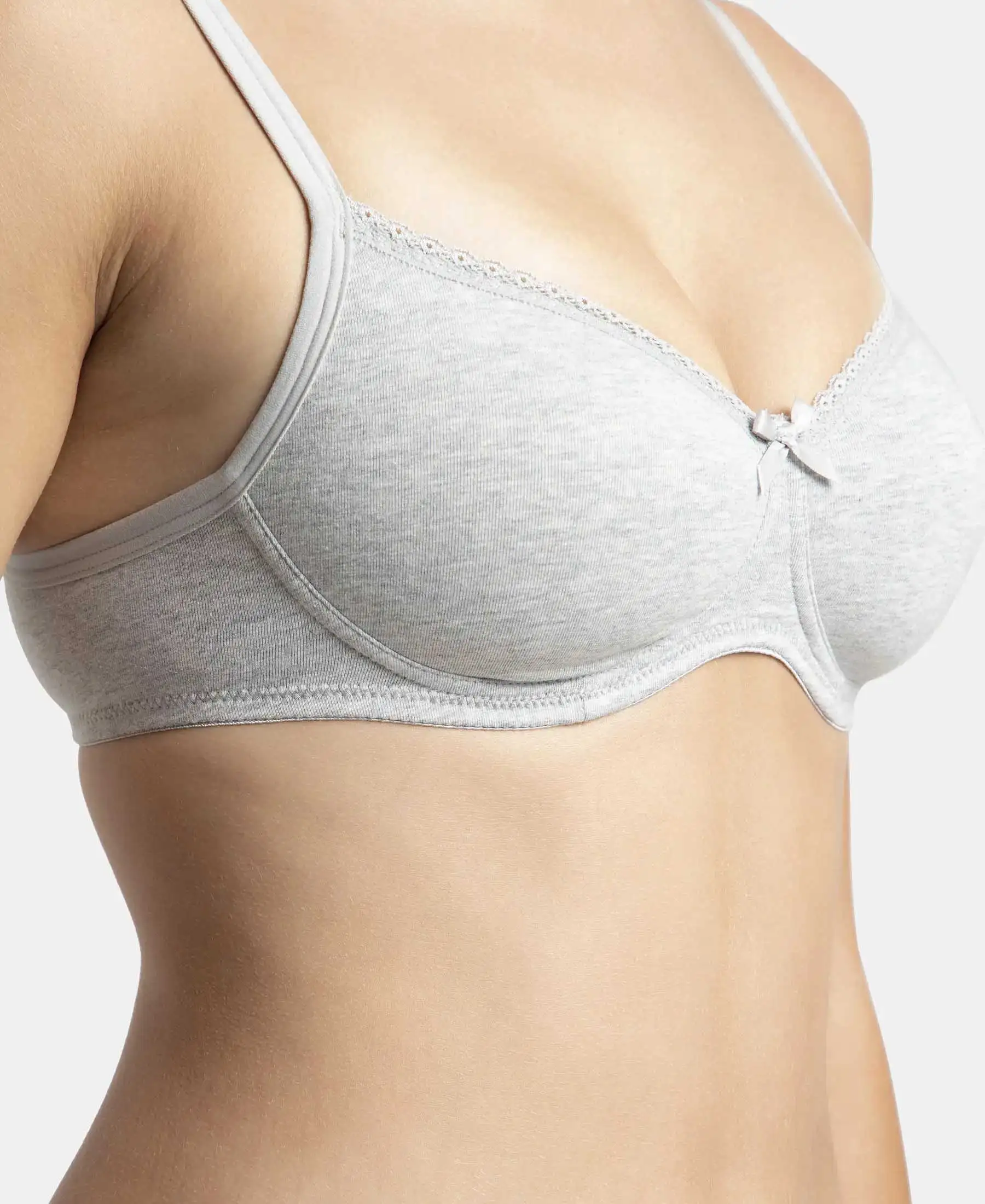 Wirefree Padded Super Combed Cotton Elastane Stretch Medium Coverage T-Shirt Bra with Lace Styling - Steel Grey Melange - Image 9